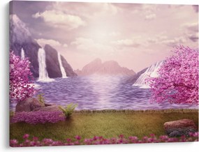 Tablou cu pomi roz cu lac (70x50 cm)