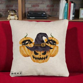 Perna Decorativa Trio Dovleci Jack-o-Lantern cu Palarie Vrajitoare, 40x40 cm, Bej Canapea, Husa Detasabila, Perna Inclusa, BEKZ®