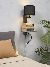 Aplica cu raft, reader LED, mufa USB si abajur textil negru Florence
