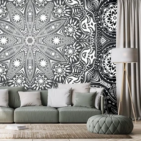 Tapet Mandala ornamentală cu dantelă în alb-negru