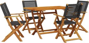 vidaXL Set mobilier grădină, 5 piese, negru, poliratan și lemn masiv