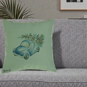 Perna Decorativa Masinuta Albastra cu Brad de Craciun, 40x40 cm, Verde, Husa Detasabila, Perna Inclusa, BEKZ®