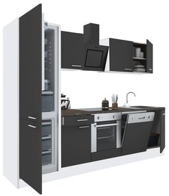 Mobilă de bucătărie Yorki 280, corp alb, față antracit satinat cu element cuptor inferior și frigider congelator inferior