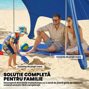 Outsunny Cort de Plajă pentru 2-4 Persoane, Covoraș, Lopată, Protecție Solară UPF50+, Albastru | Aosom Romania