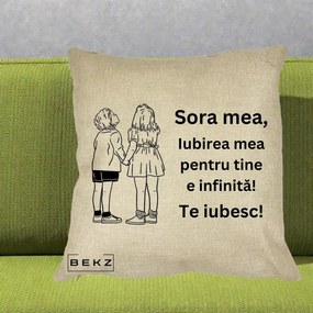 Cadou pentru Sora - Perna Personalizata Sora Mea Te Iubesc Copii Tinand Maini Line Art, 40x40 cm, Crem, Husa Detasabila, Perna Inclusa, BEKZ®