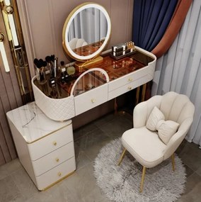 Set RANIA, Masă de toaletă pentru machiaj cu oglindă iluminată LED, control touch, 6 sertare, comoda, scaun, Alb