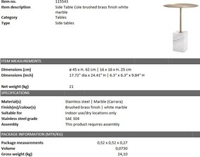 Masuta laterala design LUX Cole, marmura alba 115543 HZ