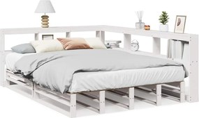 vidaXL Pat cu bibliotecă fără saltea, alb, 160x200 cm, lemn masiv pin