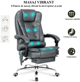 Scaun directorial cu Masaj si Incalzire, functie sezlong, suport picioare, piele PU, Gri