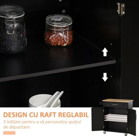HOMCOM Cărucior de Bucătărie cu Sertar și Dulap cu 2 Uși, Insulă de Bucătărie cu roți și bară laterală, 83x45x91.5 cm, Negru | Aosom Romania
