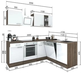 Mobilă de bucătărie de colț Yorki 220, corp din stejar Yorki, față alb satinat cu element inferior al cuptorului
