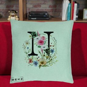Cadou Personalizat - Perna Personalizata Monogram Litera N cu Flori Acuarela, 40x40 cm, Verde Menta, Husa Detasabila, Perna Inclusa, BEKZ®