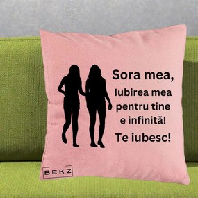 Cadou pentru Sora - Perna Personalizata Sora Mea Te Iubesc Siluete Negre Tinand Maini, 40x40 cm, Roz, Husa Detasabila, Perna Inclusa, BEKZ®