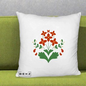Perna Decorativa Buchet Floral Folk Rosu-Verde, 40x40 cm, Alb Pufos, Husa Detasabila, Perna Inclusa, BEKZ®