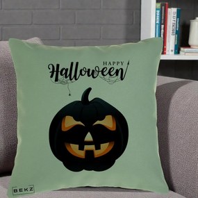 Perna Decorativa Happy Halloween Dovleac Negru cu Paianjen, 40x40 cm, Verde, Husa Detasabila, Perna Inclusa, BEKZ®