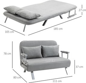 HOMCOM Canapea Pat de 2 Locuri cu Spătar Reglabil pe 5 Nivele, Canapea Pat Pliabilă cu 2 Perne, 105x80x78 cm, Gri Deschis | Aosom Romania