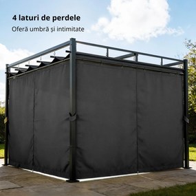 Outsunny Gazebo Pergolă 3x3 m cu Acoperiș Retractabil Glisant, 4 Pereți Laterali, Orificii de Drenare, Pergolă de Grădină din Poliester și Oțel, pentru Terasă, Curte, Exterior, UV30+, Gri Închis | Aosom Romania