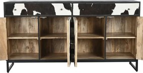 Bufet din lemn de mango și metal, negru, cu 4 uși și 2 sertare din piele de vacă cu păr, finisaj mat, 90 x 172 x 45 cm, „Vachette”