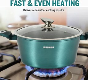 Set oale si tigai Herzberg HG-METBL15, 15 piese, Aluminiu 3003, Acoperire marmura, Capace din sticla, Inductie, Verde albastru