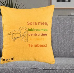 Cadou pentru Sora - Perna Personalizata Sora Mea Te Iubesc Line Art Fete Colorate Brate Ridicate, 40x40 cm, Galben, Husa Detasabila, Perna Inclusa, BEKZ®