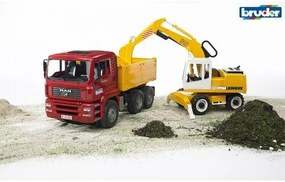 Camion Bruder MAN TGA cu excavator Liebherr, 1:16,73 x 18,5 x 23 cm