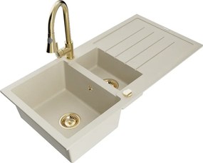 Mexen Andres chiuvetă din granit cu 1,5 compartimente cu scurgător și baterie de bucătărie Elia, bej - 6515-69-670101-50