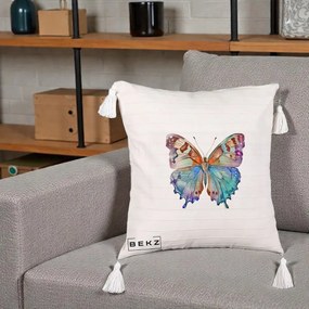Perna Decorativa Fluture Acuarela Multicolor Portocaliu-Bleu-Mov, 40x40 cm, Bej cu Franjuri, Husa Detasabila, Perna Inclusa, BEKZ®