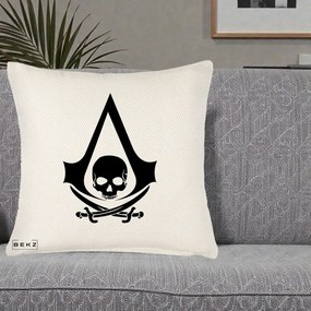 Perna Personalizata Assassin's Creed Black Flag Skull, 40x40 cm, Crem Reliefat, Husa Detasabila, Perna Inclusa, BEKZ®
