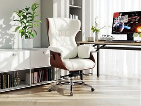 EXECUTIVE IMPERIAL – Scaun Directorial Premium, Tapițerie din Microfibră PU Calitativă, Furnir Curbat Finisaj Nuc, Funcție de Înclinare și Reglaj pe Înălțime Bază din Aluminiu, Alb