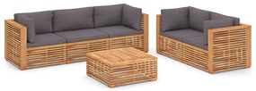 Set mobilier gradina cu perne gri inchis 6 piese lemn masiv tec Morke gra, 4x colt + mijloc + masa