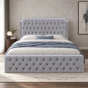 Pat tapițat din catifea Aveline 140×200 cm, gri deschis, cu ladă de depozitare