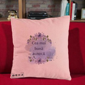 Cadou pentru Bunica - Perna Personalizata Cea Mai Buna Bunica Flori Mov Acuarela Negru, 40x40 cm, Roz, Husa Detasabila, Perna Inclusa, BEKZ®