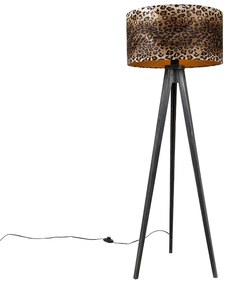 Lampa de podea trepied negru cu abajur leopard 50 cm - Tripod Classic