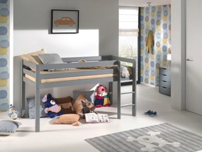 Pat înălțat pentru copii VIPACK Pino cu scară, 90 x 200 cm, gri, înălțime 115 cm