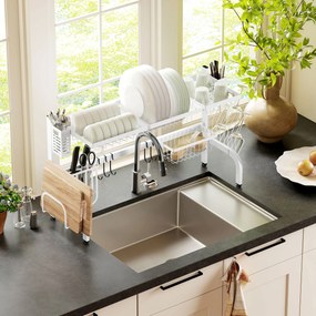 HOMCOM Scurgător din oțel cu 2 niveluri pentru chiuvetă, cu suport pentru tocător și tacâmuri, 100x30x54,5cm, alb | Aosom Romania