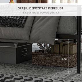 HOMCOM Pat Matrimonial din Oțel 160x200cm, Sipci Integrate, Tetieră, Suport 400kg, Stil Industrial, Negru | Aosom Romania