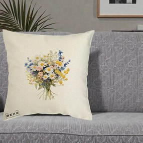 Perna Decorativa Buchet Camp Acuarela Margarete-Lavanda, 40x40 cm, Ecru, Husa Detasabila, Perna Inclusa, BEKZ®