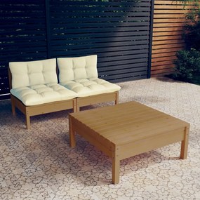 Set mobilier gradina cu perne crem, 3 piese, lemn de pin
