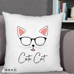 Perna Personalizata Cute Cat cu Ochelari, 40x40 cm, Alb Pufos, Husa Detasabila, Perna Inclusa, BEKZ®
