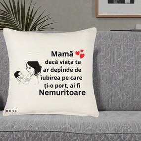 Cadou pentru Mama - Perna Personalizata Mama Nemuritoare Imbratisare Copil, 40x40 cm, Crem Reliefat, Husa Detasabila, Perna Inclusa, BEKZ®