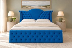 Pat tapițat Chesterfield din catifea Velora 180×200 cm, albastru, cu ladă de depozitare