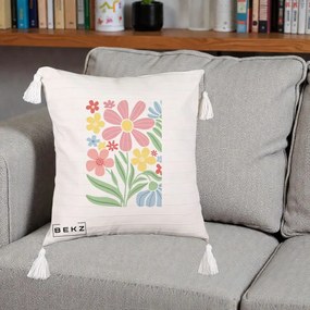 Perna Decorativa Flori Grafice Roz Pastel, 40x40 cm, Bej cu Franjuri, Husa Detasabila, Perna Inclusa, BEKZ®