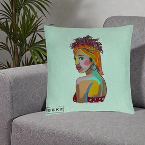 Perna Decorativa Portret Femeie Colorat Pop Art, 40x40 cm, Verde Menta, Husa Detasabila, Perna Inclusa, BEKZ®