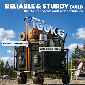 Outsunny Cărucior de grădină pliabil cu roți mari blocabile, bară reglabilă și suport pentru pahare pentru camping 125x59x133 cm Negru | Aosom Romania