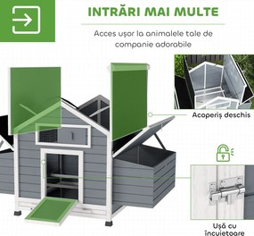 PawHut Coteț din Lemn cu 2 Cuiburi, Coteț Exterior pentru Găini cu Acoperiș Rezistent la Apă, Tavă Detașabilă și Prăjini, Adăpost pentru 2-4 Găini, Rațe, Grădină, 150x100x96,5 cm, Gri | Aosom Romania
