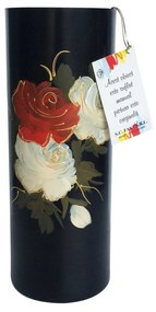 Vaza decorativa, cilindrica, din sticla pictata, neagra, model trandafiri, 12 x 30 cm