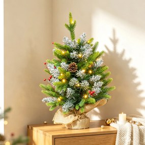 HOMCOM Mini Brad de Crăciun 60 cm cu lumini LED, 141 ramuri, conuri de pin, bobițe roșii, bază din ciment, verde | Aosom Romania