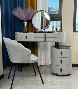 Set Lucia, Masă de toaletă pentru machiaj cu oglindă iluminată LED, control touch, 6 sertare, comoda, scaun, Gri,