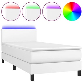 Pat continental cu saltea  LED, alb, 90x200 cm, piele eco Alb, 90 x 200 cm, Design simplu