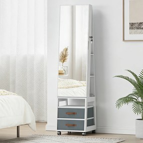 HOMCOM Oglindă Dulap pentru Bijuterii cu LED Interior Roți Pivotant 360° Rafturi Deschise Sertare din Material Textil Alb | Aosom Romania